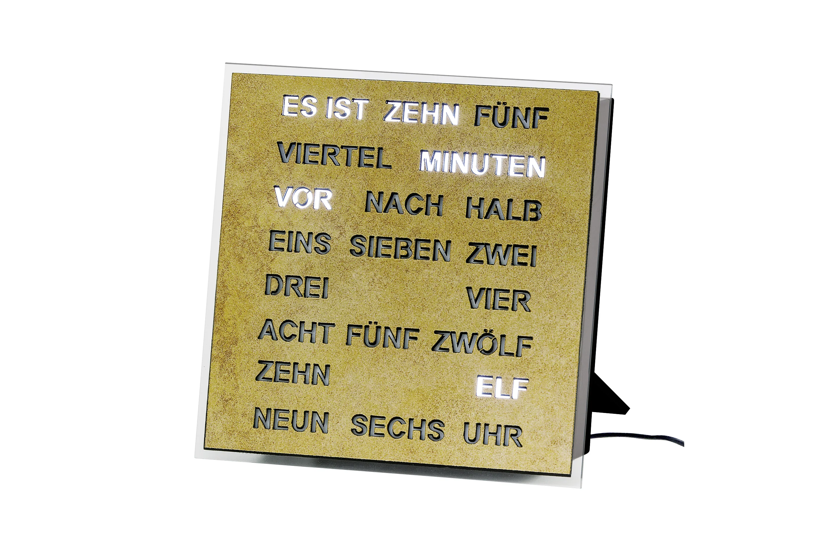 AMS 1238 Wortuhr – Elegante LED-Wanduhr Messing antik
