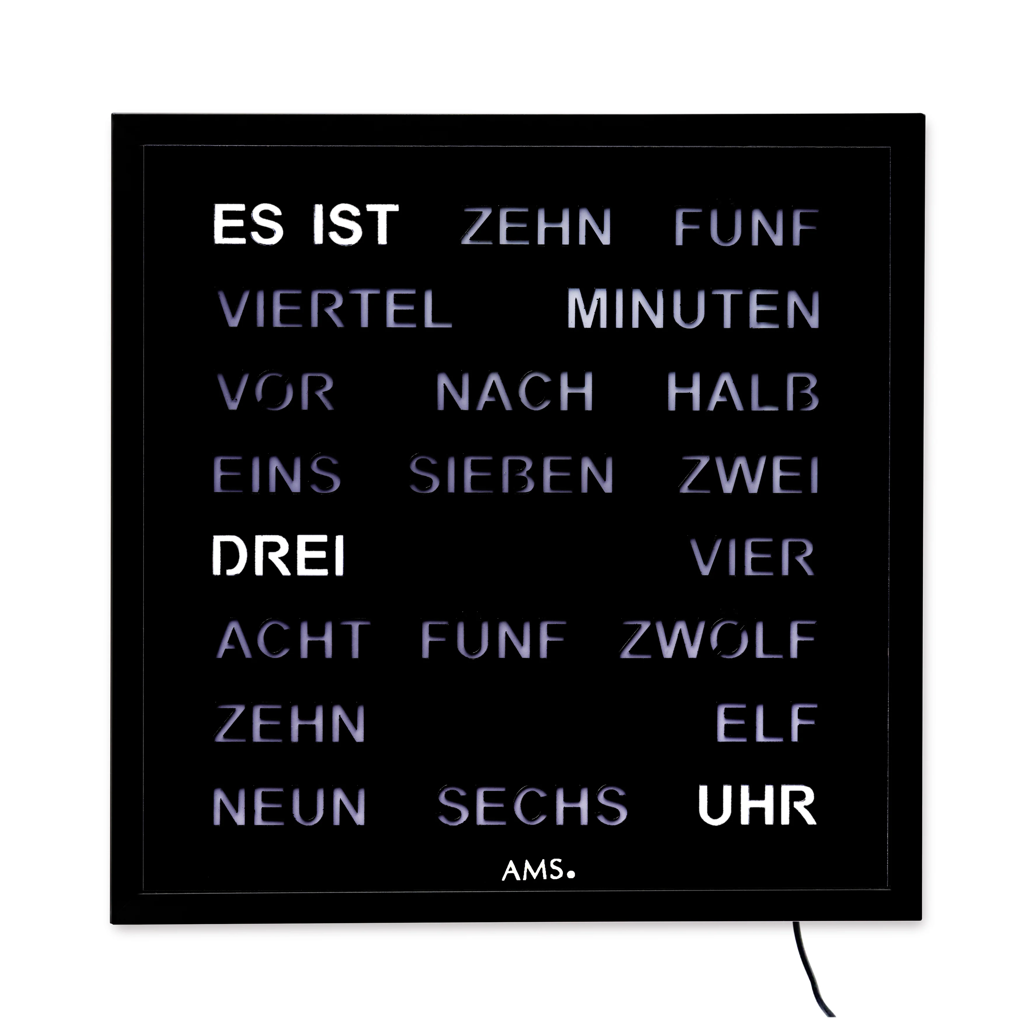 AMS 1265 Wortuhr – Elegante LED-Wanduhr schwarz XL