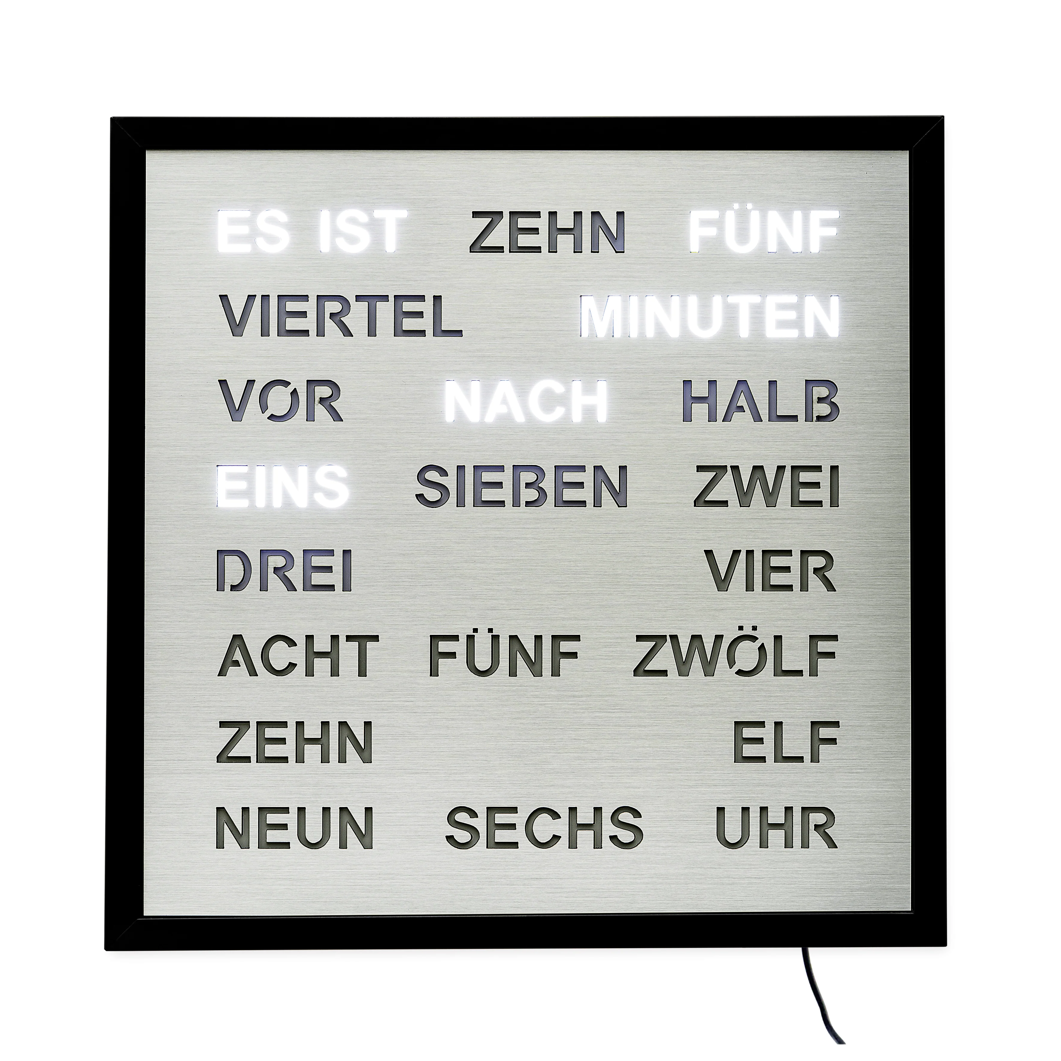 AMS 1275 Wortuhr – Elegante LED-Wanduhr Aluminium XL