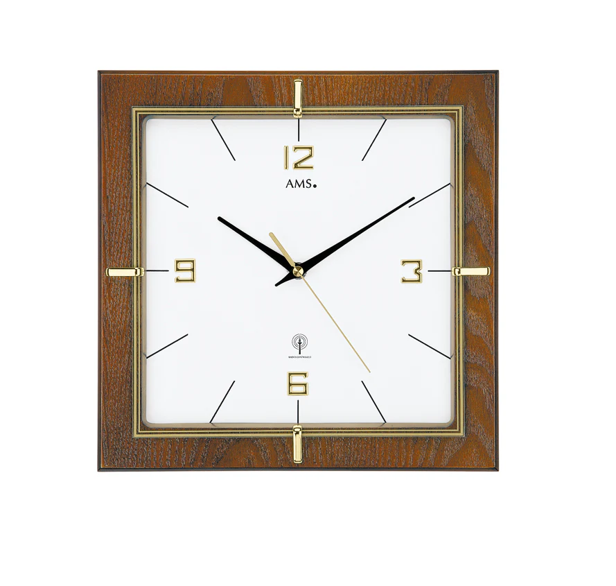AMS Funk Wanduhr Nussbaum Quadrat gold 5834