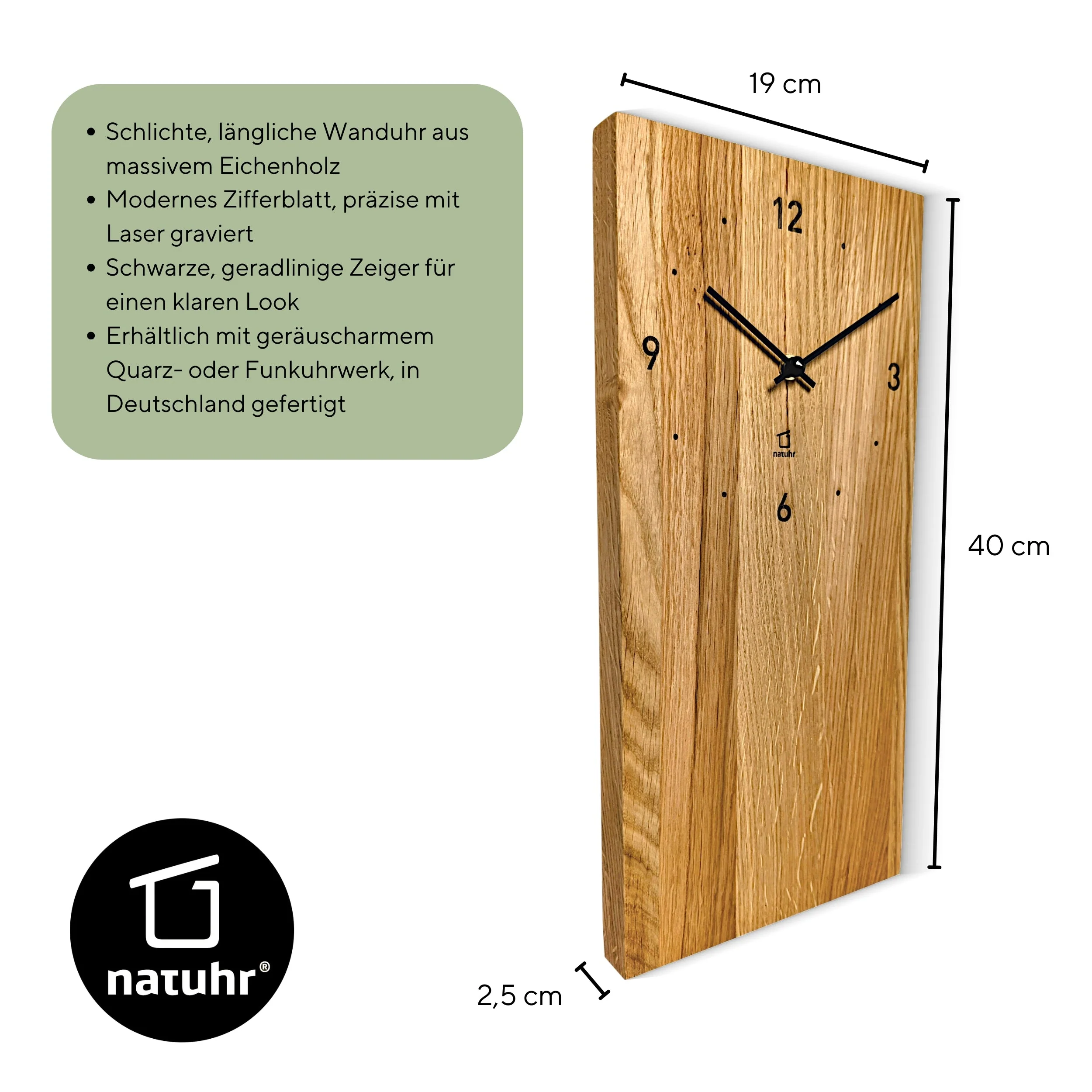 Natuhr Wanduhr Pura Eiche geölt - Längliche Wanduhr 40 cm Höhe - Image 5