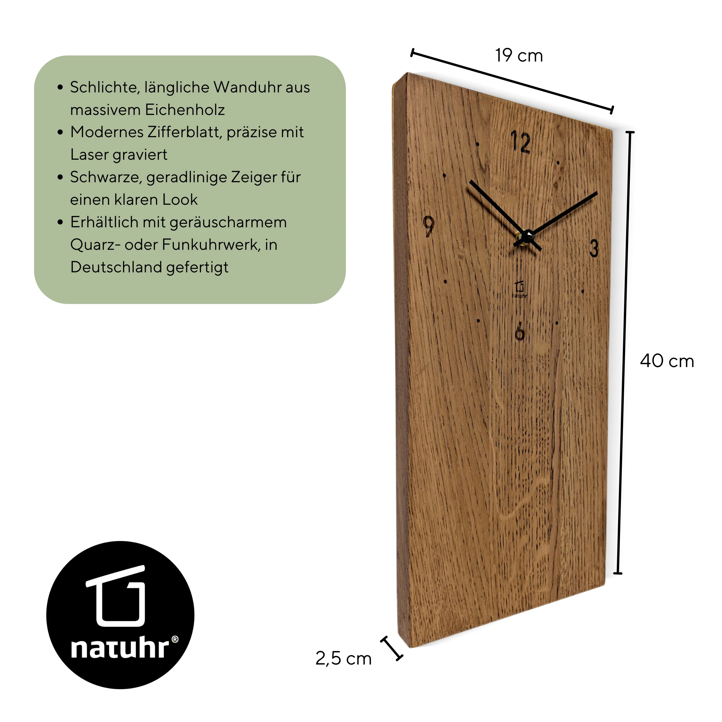 Natuhr Wanduhr Pura Eiche geölt - Längliche Wanduhr 40 cm Höhe - Image 9