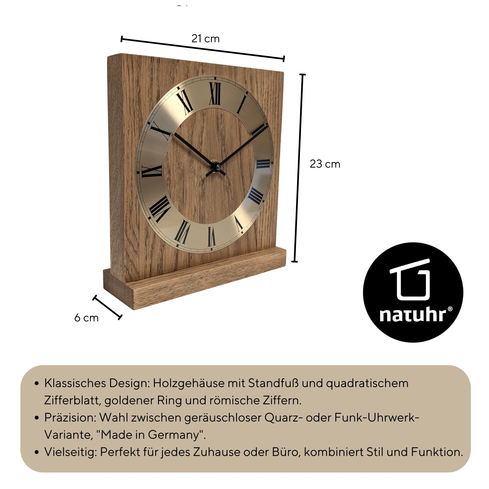 Natuhr Tischuhr - Roman - Holzuhr aus massivem Eichenholz im modernen Stil mit Metallreif - Eiche geölt - Image 11