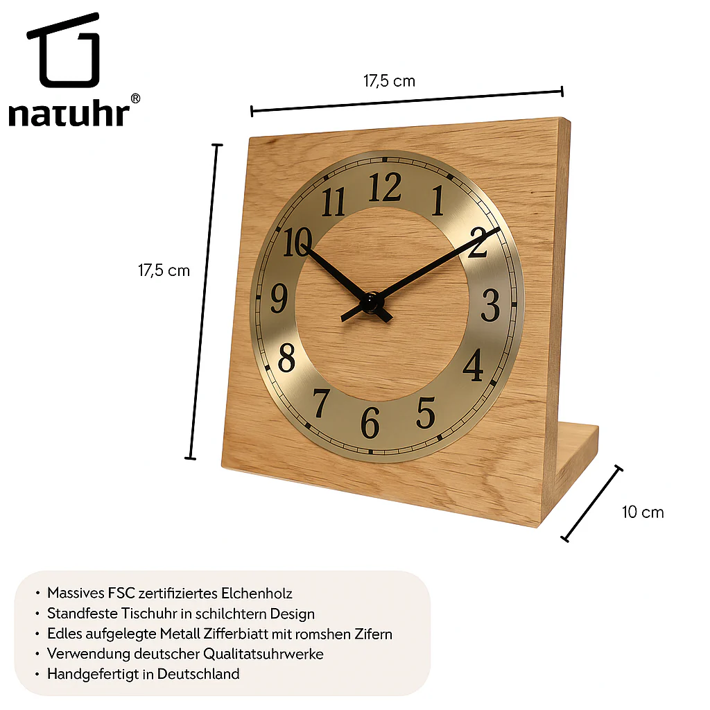 Natuhr Tischuhr Eiche Holz - Knick - Massivholz Design - goldener Metall Zahlenreif - Image 4