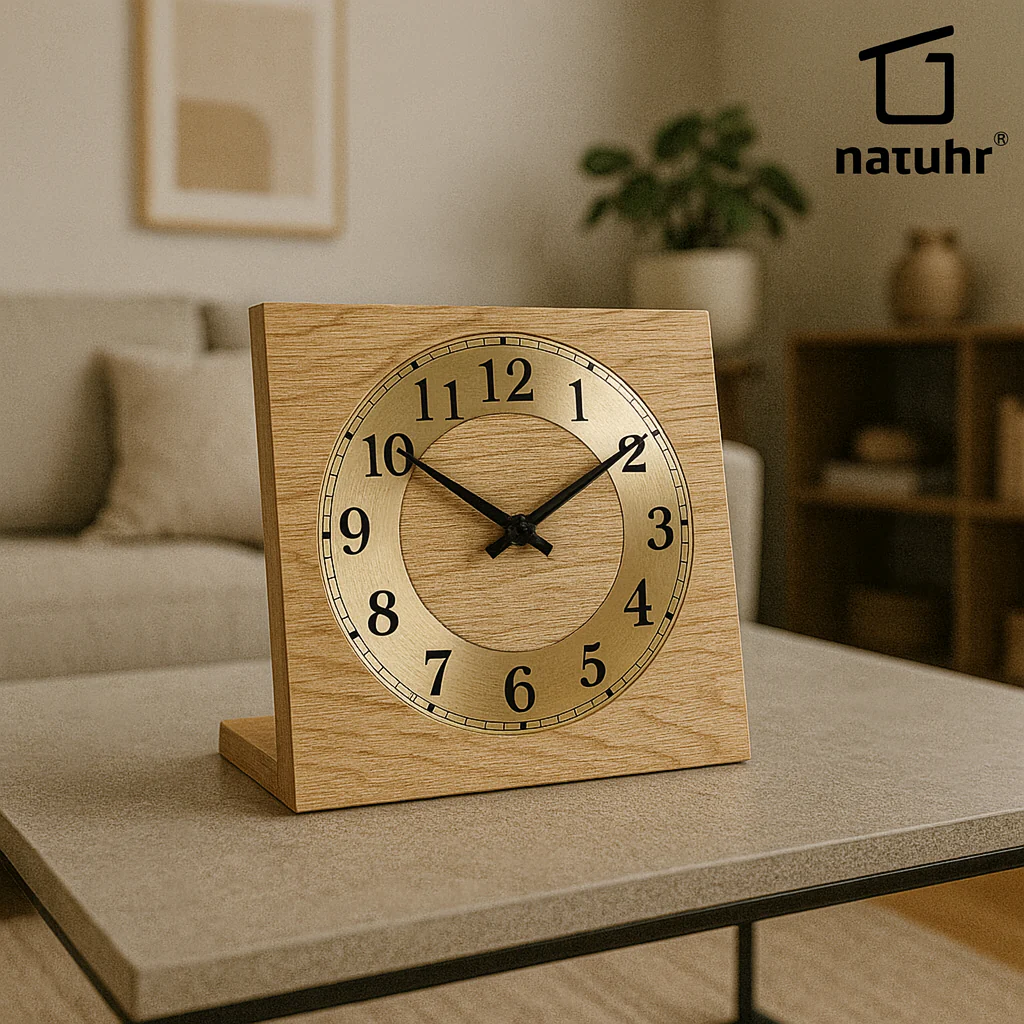 Natuhr Tischuhr Eiche Holz - Knick - Massivholz Design - goldener Metall Zahlenreif - Image 7