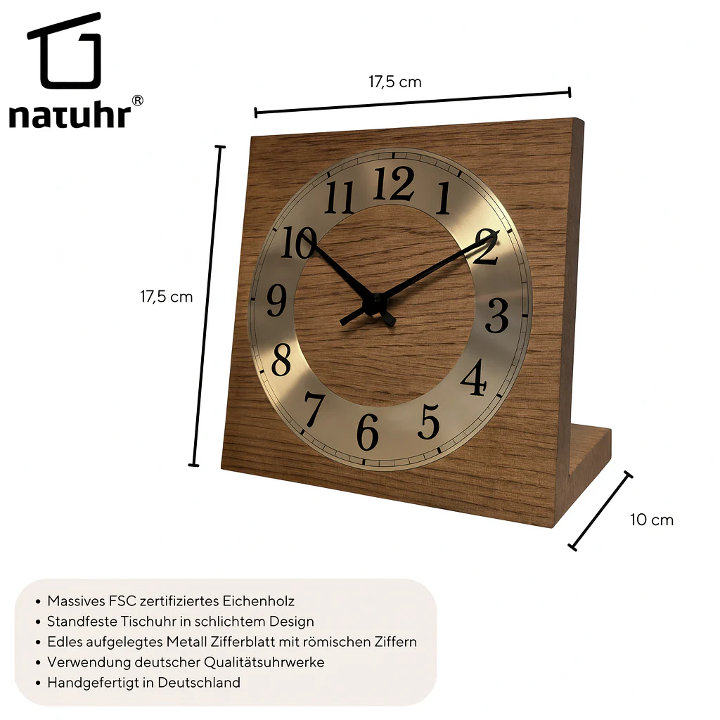 Natuhr Tischuhr Eiche Holz - Knick - Massivholz Design - goldener Metall Zahlenreif - Image 8