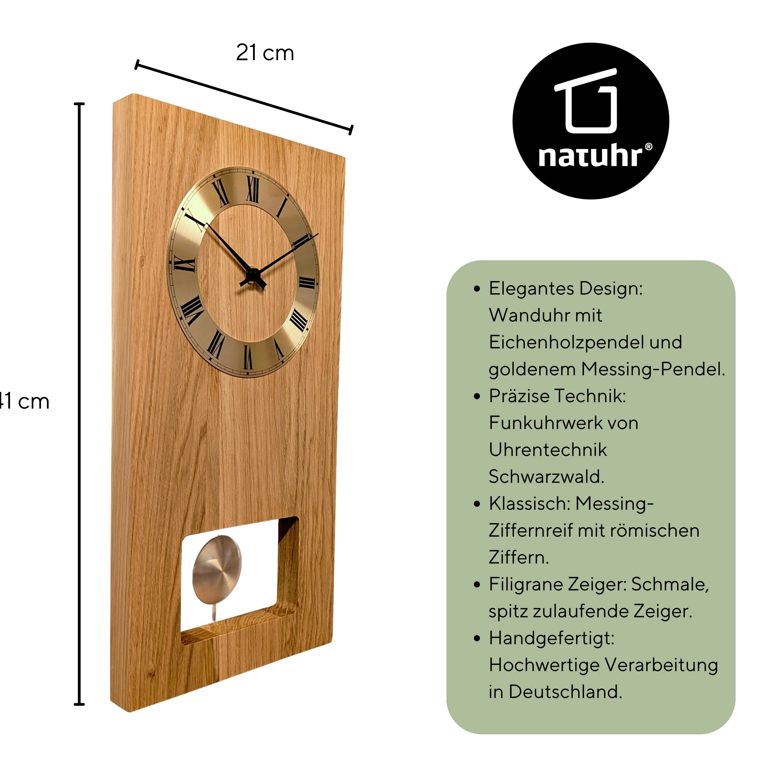 Wanduhr Classica Funk-Pendeluhr Eiche geölt mit goldenem Pendel und goldenem Zahlenreif - Image 4